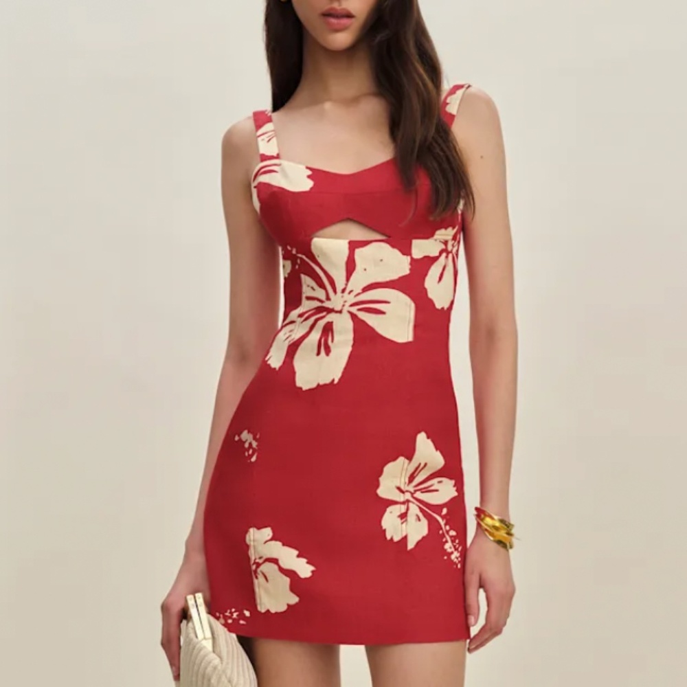 Reformation Red Mini Dress with Cream Floral Print